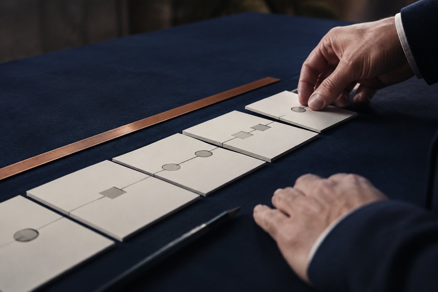 Hands arranging connected planning cards across a navy work surface
