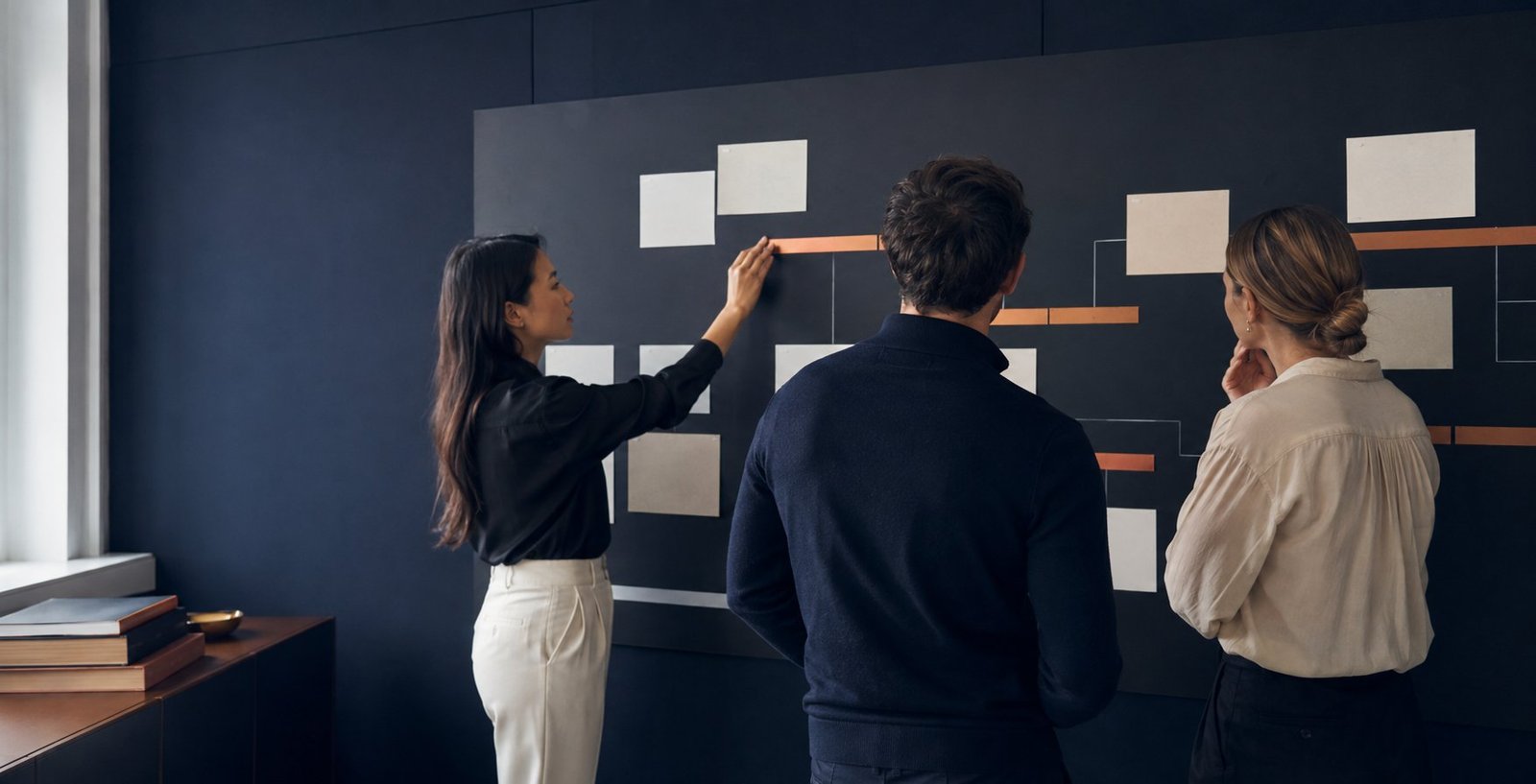 Colleagues reviewing a visual plan together on a wall